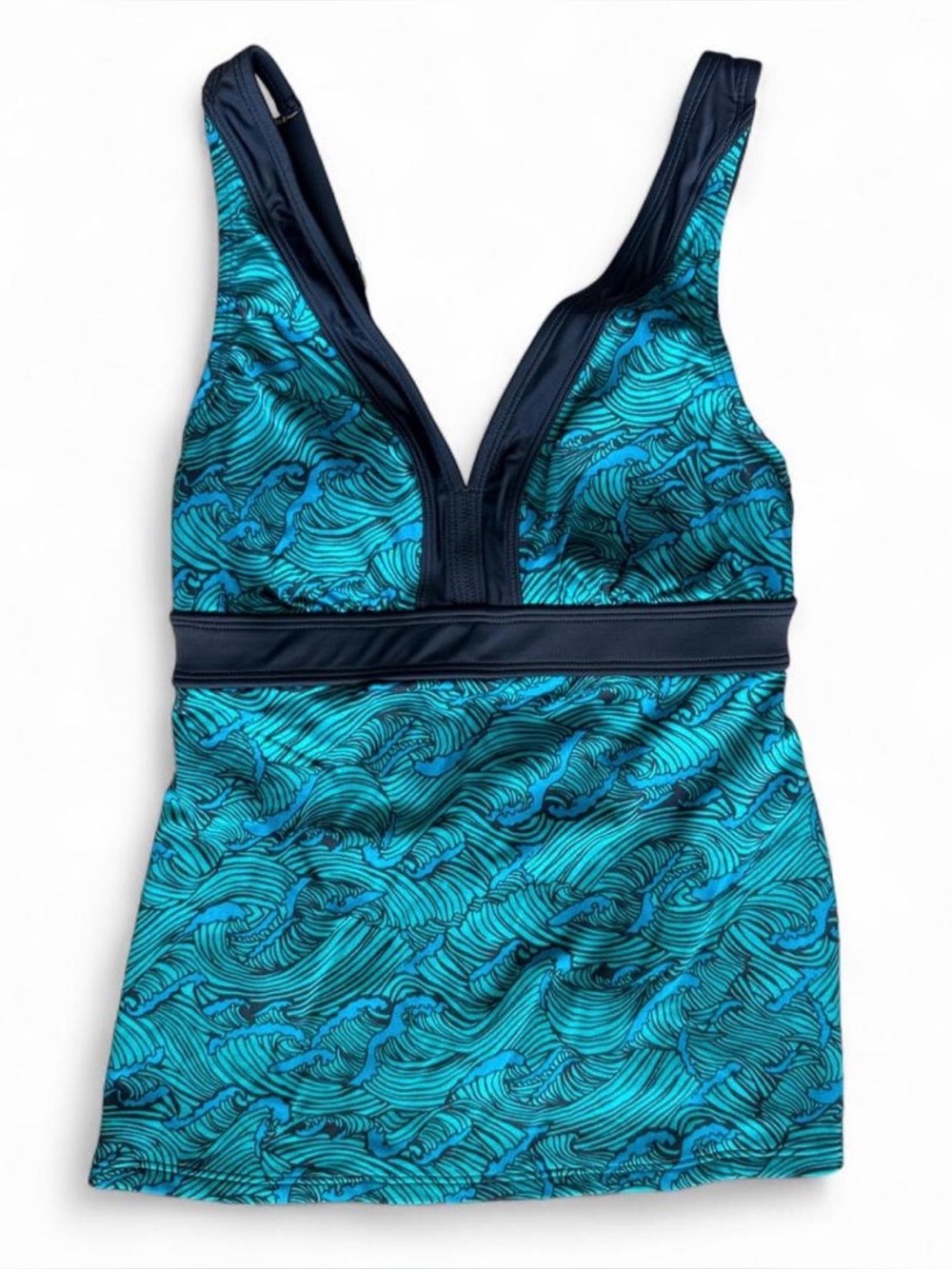 L.L. Bean Blue Wave-Print Tankini Top - V-Neck Swim Top
